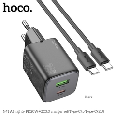 Bộ sạc nhanh 20w HOCO N41 (c-c) (cáp 2 đầu Type C) PD20w + QC3.0 2 cổng (1 cổng usb 1 cổng type C) chính hãng [BH 1 Năm]