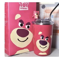 Ly 450ml hình gấu dâu hồng lotso kute đựng nước giữ nhiệt nóng lạnh kèm ống hút