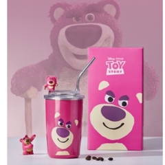 Ly 450ml hình gấu dâu hồng lotso kute đựng nước giữ nhiệt nóng lạnh kèm ống hút