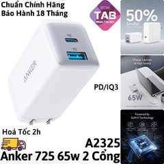 Cóc sạc nhanh 65w Anker A2325 (1 cổng type-c vs 1 cổng usb) chính hãng (trắng) [BH 1 năm]