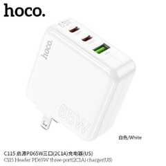 Cóc sạc nhanh 65w HOCO C115 (2C1A) (2 cổng type-c PD vs 1 cổng usb QC3.0) đa năng 3 cổng chính hãng [BH 1 năm]