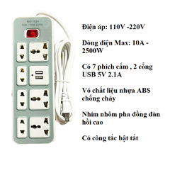 Ổ cắm điện đa năng 2 cổng usb + 4 ổ 2 chấu + 3 ổ 3 chấu (295cm) {ổ cắm xám} [BH 1 tuần]