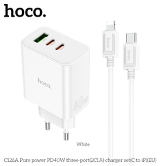 Bộ sạc nhanh 40w HOCO C126A (C-L) (cóc 1 cổng usb QC3.0 vs 2 cổng type-c PD) 3 cổng 2C1A kèm cáp cổng Type C ra iPhone Lightning chính hãng BH: 1 NĂM]