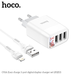 Bộ sạc nhanh 3.4A Hoco C93A Iphone 3U (cáp usb ra iPhone Lightning, cóc 3 cổng usb) có LED báo dòng chính hãng (BH 1 NĂM)