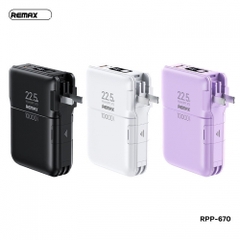 Pin sạc nhanh 22.5w Remax RPP-670 10.000mAh dự phòng PD QC3.0 kèm cáp liền pin, ghim sạc ổ điện chính hãng [BH 1 năm]