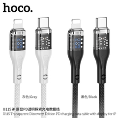 Cáp sạc nhanh 20W Hoco U115 (c-l) Type C ra iPhone Lightning PD trong suốt lộ mạch có màn hình hiển thị dòng chính hãng [BH 1 Năm]