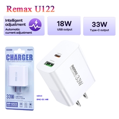 Cóc sạc nhanh 33w 2 cổng Remax RP-U122 US chân dẹp (1 cổng usb vs 1 cổng type-c) chính hãng [BH 1 năm]