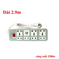 Ổ cắm điện đa năng 2 cổng usb + 4 ổ 2 chấu + 3 ổ 3 chấu (295cm) {ổ cắm xám} [BH 1 tuần]