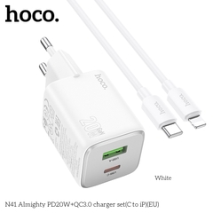 Bộ sạc nhanh 20w HOCO N41 (c-l) cáp Type C ra iPhone Lightning PD20w + QC3.0 cóc 2 cổng (1 cổng usb 1 cổng type C) chính hãng [BH 1 Năm]