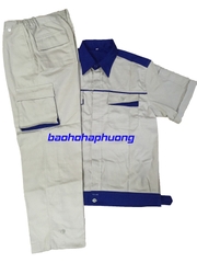 Quần Áo Bảo Hộ Kaki Hàn Quốc Cộc Tay Ghi Phối Xanh