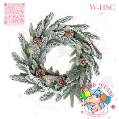 Vòng hoa 3 loại lá phủ tuyết gắn trái thông