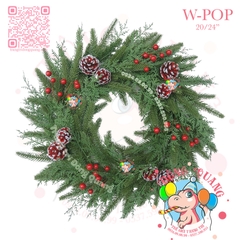 Vòng hoa PE 2 loại lá gắn trái thông, cherry