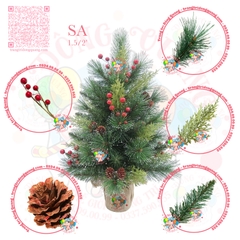 Cây thông mini 3 loại lá cước lăn sơn gắn trái thông, cherry