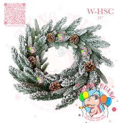 Vòng hoa 3 loại lá phủ tuyết gắn trái thông