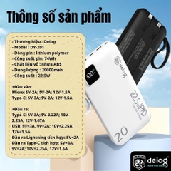 PIN SẠC DỰ PHÒNG CHÍNH HÃNG DEIOG DY-201 20.000MAH SẠC NHANH 22.5W