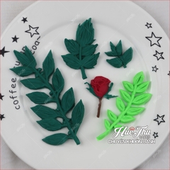 Khuôn silicon cành lá hoa Hồng (lá dài, lá nhọn kèm hoa) 16x11cm làm bánh rau câu 3D 4D nhấn xôi, fondant, socola, nến hanmade
