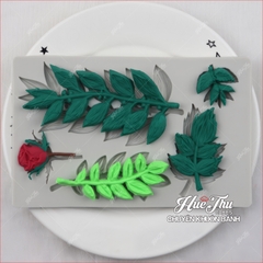 Khuôn silicon cành lá hoa Hồng (lá dài, lá nhọn kèm hoa) 16x11cm làm bánh rau câu 3D 4D nhấn xôi, fondant, socola, nến hanmade