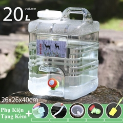 Bình Nước Trong Suốt 5L/7L/10L/15L/20L/24L Can Đựng Nước Cắm Trại Dã Ngoại Kèm Vòi Dự Phòng + Nắp Đậy + Ống Nối Dài + Cọ Bình