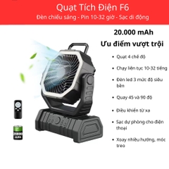 Quạt tích điện đa năng kết hợp đèn chiếu sáng, dung lượng pin 20000mAh sạc điện thoại USB có điều khiển từ xa