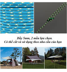 Dây phản quang dày 5mm, dài 50m, được sử dụng làm dây buộc lều cắm trại, dã ngoại, dây phơi quần áo... 50m/cuộn
