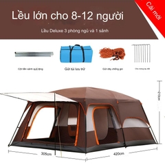 Lều cắm trại nhiều phòng ngủ cho 4-12 người lều dã ngoại du lịch 2 lớp không gian rộng thông thoáng chống nước gió muỗi