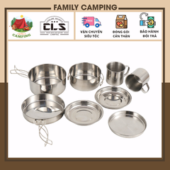 Bộ nồi inox 8 món ngoài trời cắm trại di động bộ bát nướng nồi nướng gấp 5-6 nấu ăn người chính hãng CLS