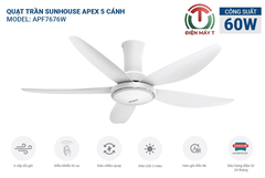 Quạt trần Sunhouse Apex 5 cánh APF7676W 60W