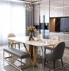 BÀN ĂN MẶT ĐÁ CHÂN INOX SONG MẠ VÀNG - BAMD86