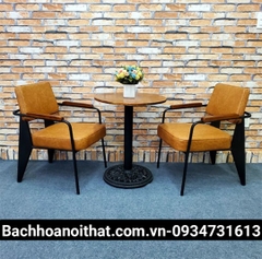 BÀN CAFE CHÂN GANG TRỤ TRÒN MẶT GỖ - BCF08