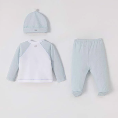 Bộ dài cài lệch xanh phối trắng mix mũ Newborn Nous