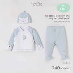 Bộ dài cài lệch xanh phối trắng mix mũ Newborn Nous