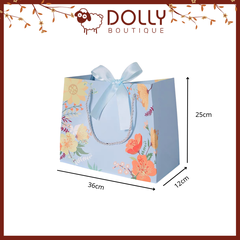 Túi Giấy Đựng Quà Xanh Biển Hoa Có Ruy Băng Nơ - Size lớn 36*12*25cm