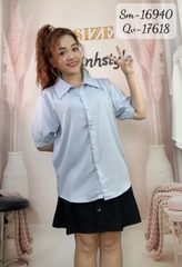 Sơ mi vải lụa BIG SIZE QC màu trơn Tay ngắn - 16940- XANH