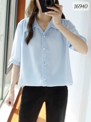 Sơ mi vải lụa BIG SIZE QC màu trơn Tay ngắn - 16940- XANH