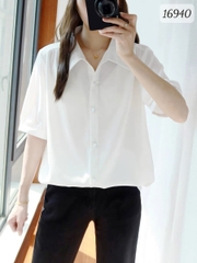 Sơ mi vải lụa BIG SIZE QC màu trơn Tay ngắn- 16940- TRẮNG
