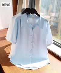 Sơ mi vải lụa BIG SIZE QC màu trơn Tay ngắn - 16940- XANH