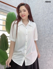 Sơ mi vải lụa BIG SIZE QC màu trơn Tay ngắn- 16940- TRẮNG