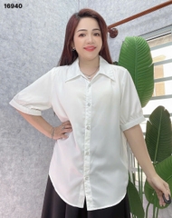 Sơ mi vải lụa BIG SIZE QC màu trơn Tay ngắn- 16940- TRẮNG