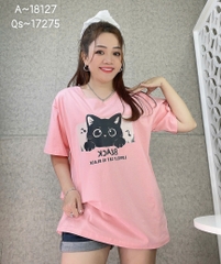 S00210- Áo thun BIGSIZE Quảng Châu cổ tim hình Mèo BLACK chất mịn đẹp co giãn - 18127 HỒNG