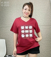 S00210- Áo thun BIGSIZE Quảng Châu cổ tim hình 9 bé Meo- dễ thương chất mịn đẹp co giãn - 18133 ĐỎ