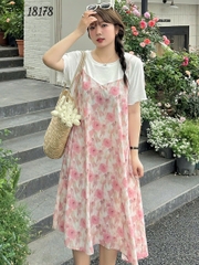 18178 Đầm yếm 2d 00414 Hoa - HỒNG