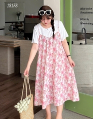 18178 Đầm yếm 2d 00414 Hoa - HỒNG