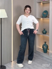Quần Jean Culottes ống Suông BIGSIZE Quảng Châu lưng cao LT phối dây đôi chất jean co giãn - 18227 -  XÁM