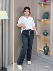 Quần Jean Culottes ống Suông BIGSIZE Quảng Châu lưng cao LT phối dây đôi chất jean co giãn - 18227 -  XÁM
