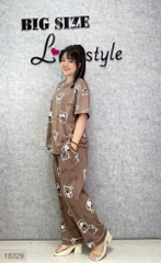 Bộ dài BIGSIZE QCCC thun cotton mịn đẹp loại 1, SD.TN DAI 100kg- 110kg,Cổ tròn #6607 18329-  NÂU