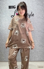 Bộ dài BIGSIZE QCCC thun cotton mịn đẹp loại 1, SD.TN DAI 100kg- 110kg,Cổ tròn #6607 18329-  NÂU