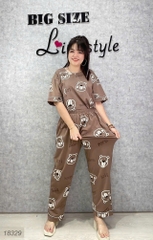 Bộ dài BIGSIZE QCCC thun cotton mịn đẹp loại 1, SD.TN DAI 100kg- 110kg,Cổ tròn #6607 18329-  NÂU