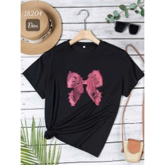 SALE 0099 - 18204 Áo cổ tròn Nơ Hồng - ĐEN