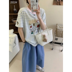 Áo thun BIGSIZE Quảng Châu 00288 OVS thun sọc hình thêu Happy- 18334