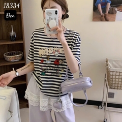 Áo thun BIGSIZE Quảng Châu 00288 OVS thun sọc hình thêu Happy- 18334